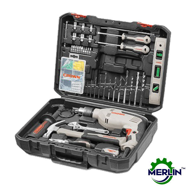 CROWN 98pc Tools Box with Impact 600w Drill Kit